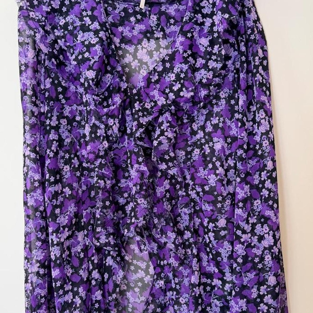 Free People Sheer Floral Blouse with Ruffle Neckline